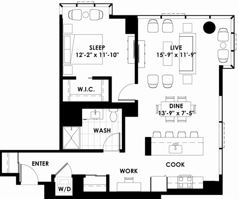 Floor plan for 1 bed, 1 bath, 915 sqft